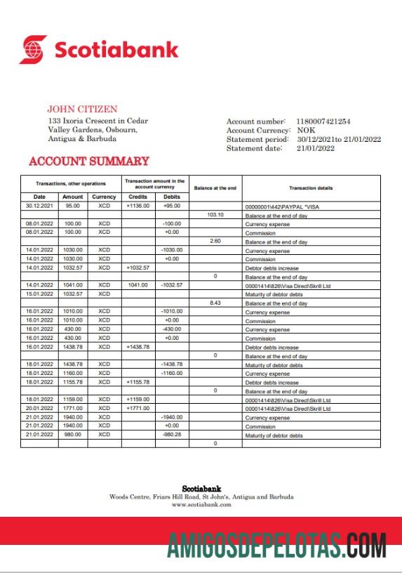 Antigua And Barbuda Scotiabank modelo de extrato bancário